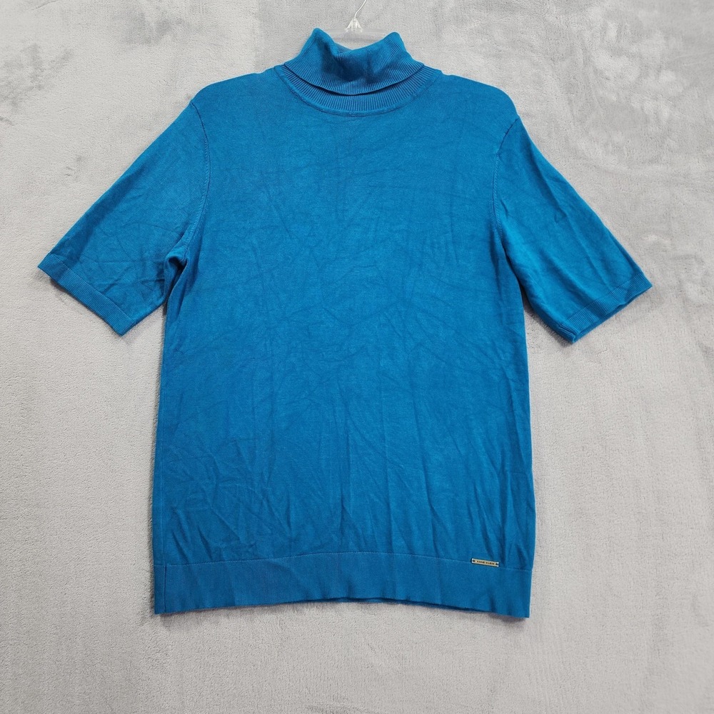 Anne Klein Sweater Womens L Blue Short Sleeve Turtleneck Knit Pullover Preppy